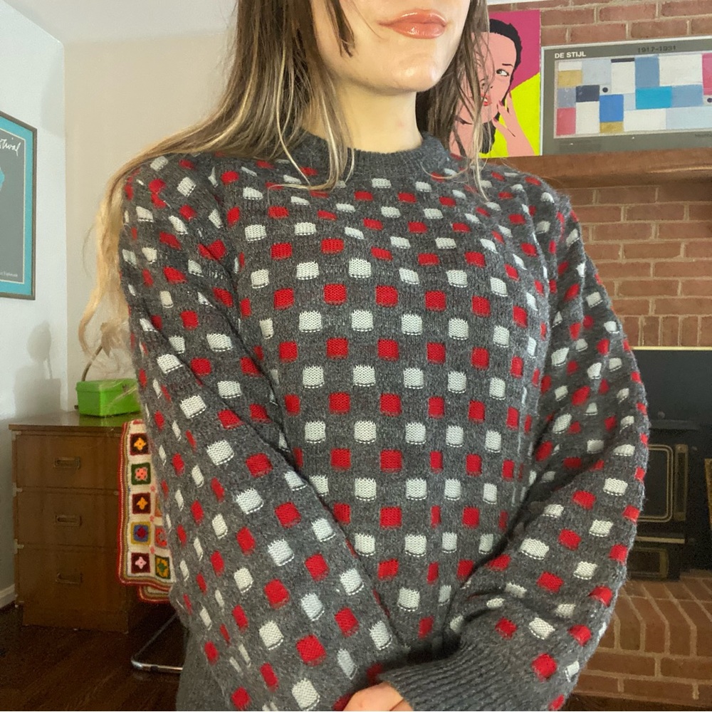 Vintage 90s Checkerboard Plaid Pattern Chunky Knit Grandpa Sweater Acade… - Picture 2 of 13